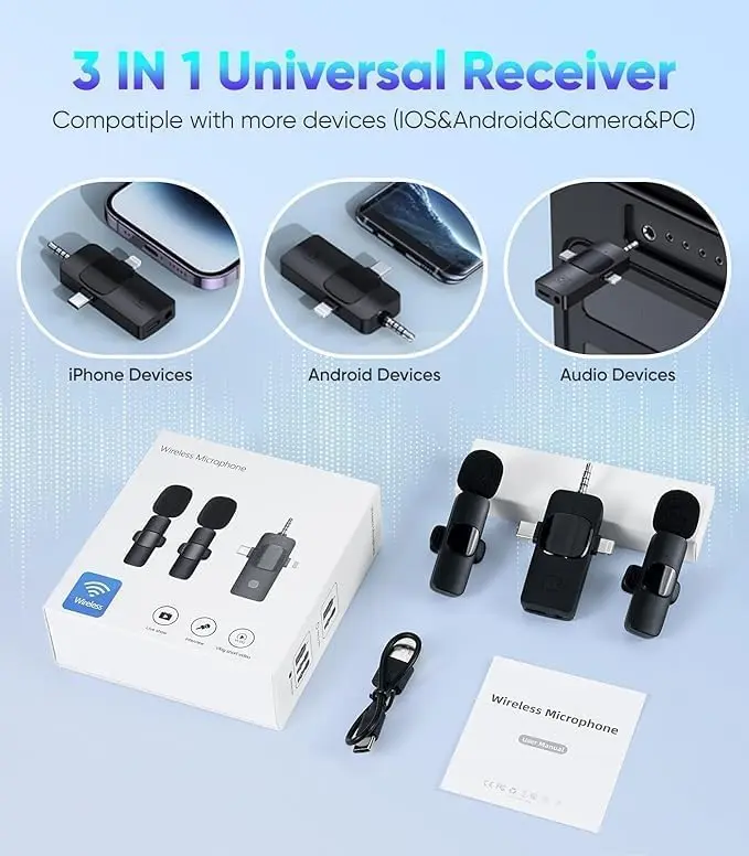 Wireless Lavalier Microphone for iPhone & Android & iPad & Camera - 2 Pack 3 in 1 Mini Microphones with Noise Reduction Lapel Mic for ​​Live Stream Content Creators Podcast