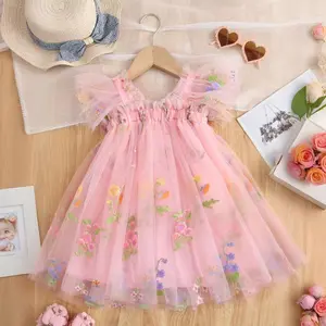 Cute Butterfly Dress for Girls Summer 1-5 Years Birthday Party Dresses Ruffles Flower Embroidery Sweet Princess Dress Kids Casual Mesh Pink Dress with Butterfly