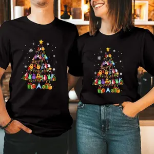 Chrismas Couple T-shirt T-SHIRT GUITAR CHRISTMAS Tree Shirt, Theater Musical Snowflakes Music Lover Funny Men Women Kids Gift Costume Tops, Merry Xmas Tshirt