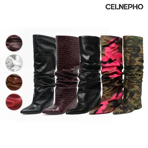 CELNEPHO Womens Slouch Boots Pointed Toe Wedge Heel Fashion Knee High Booties Easy Pull on Formal Wear Date Casual Events Party Dress Shoes