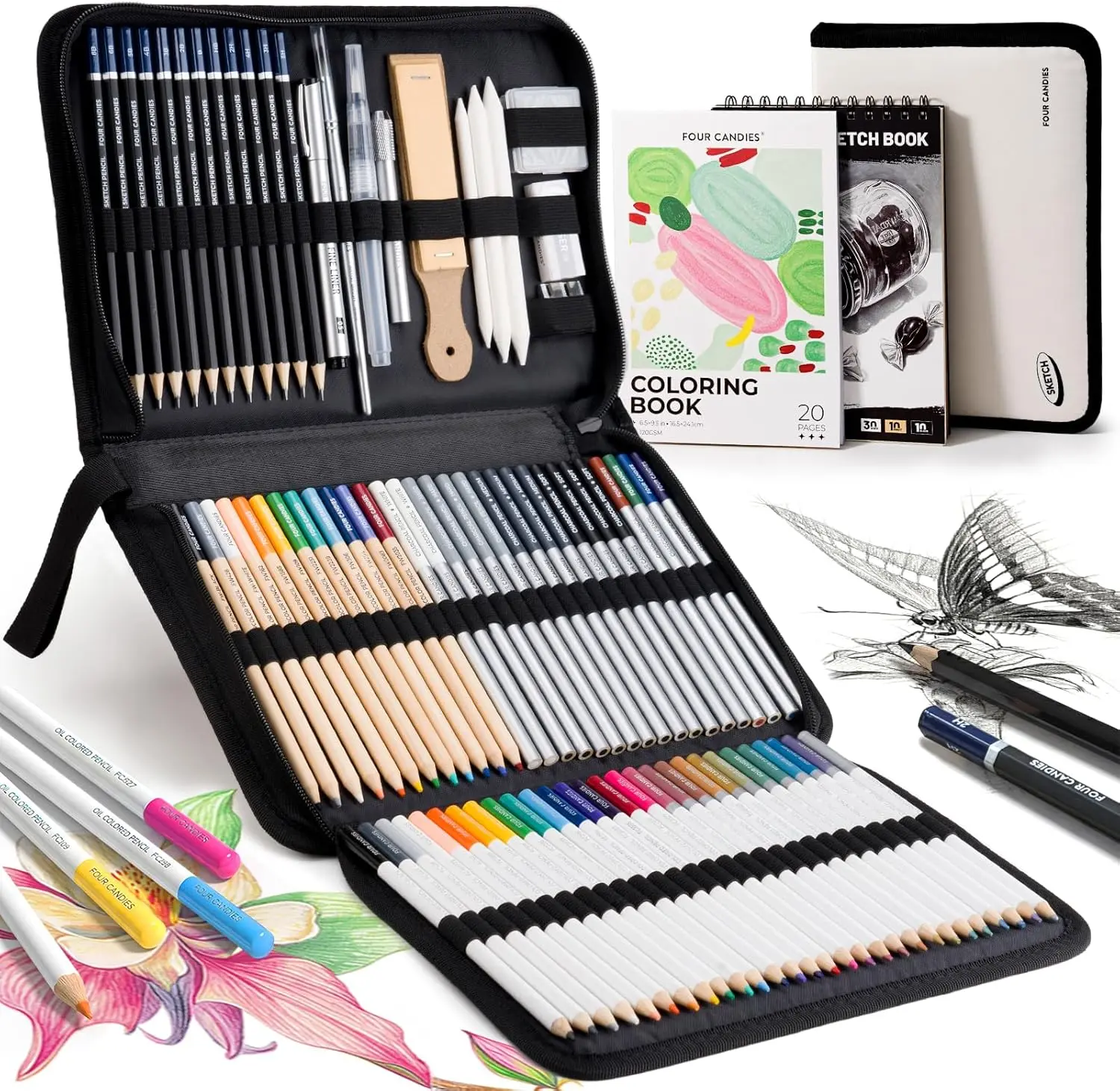 summerwins Four Candies 85Pack Art Drawing Supplies Pencils Set,Sketching Art Set with Colored Pencils,Graphite Pencils in Portable Zipper Case,Supplies for Adults Teens Artists,Sketchbook & Coloring Book,Marker Pens for School Office Home Students gift