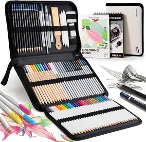 Summervibes Four Candies 85Pack Art Drawing Supplies Pencils Set,Sketching Art Set with Colored Pencils,Graphite Pencils in Portable Zipper Case,Supplies for Adults Teens Artists,Sketchbook & Coloring Book,Marker Pens for School Office Home Students gift
