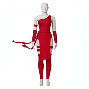 Elektra Red One Shoulder High Slit Dress Cosplay Costume Set with Armband Leg Wraps for Comic Con