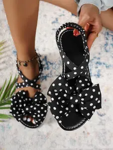 Vintage Polka Dot Bow Flat Sandals, Sweet Cool Cross Elastic Back Design, Trendy Vacation Commute Date Comfortable Women's Shoes