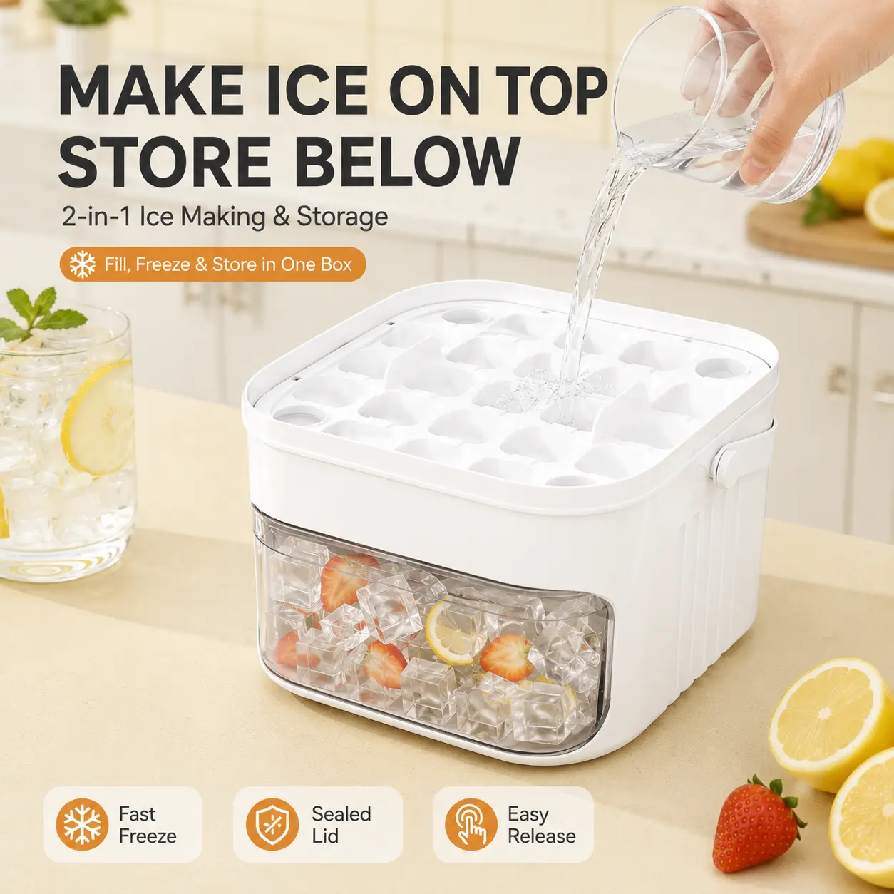 Easy Release Ice Cube Tray with Lid & Storage Bin, 25/50 Cubes Press Ice Mold with Scoop for Freezer, Cocktails, Coffee, Whiskey & Cold Drinks