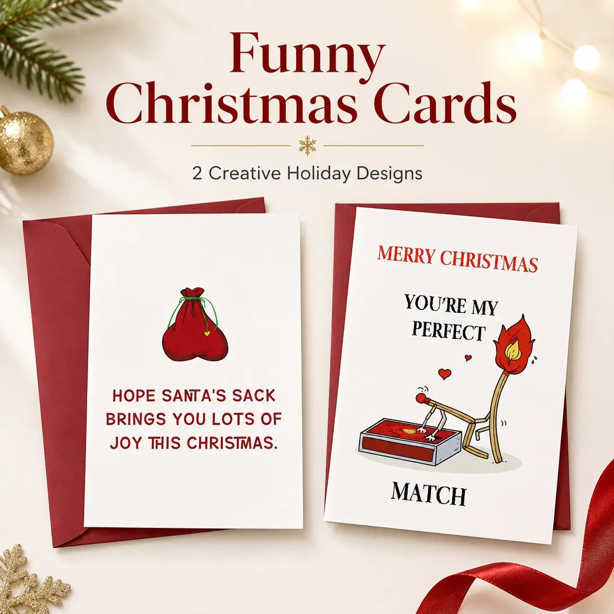 Funny Christmas Card for Adults, Creative Holiday Greeting Card with Burgundy Envelope, Xmas Joke Card for Couples, Friends, Coworkers, Family, Secret Santa Gift, Stocking Stuffer, 2 Funny Designs