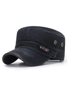 Unisex Slub Casual Flat Cap | Distressed Leather Trim Retro Military Baseball Sun Visor Gift Idea Vintage Fashion Hat