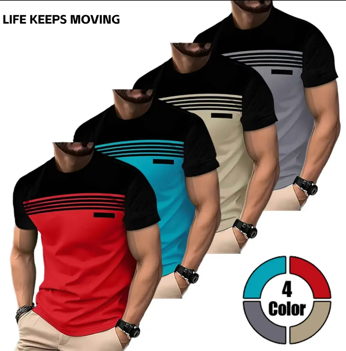 Men’s short-sleeve T-shirts, pack of 4, striped panel design; casual everyday wear, comfortable breathable fabric, suitable for summer., Shortsleeve, Menswear