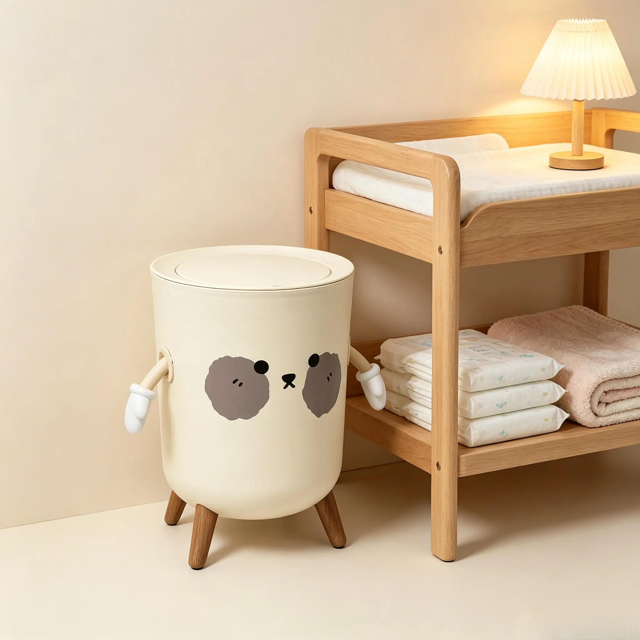 Muted Neutral Puppy Nursery Standing Garbage Bin, Press Lid Sealed Waste Bucket To Block Diaper Odor In Baby Bedroom automatic trash space motion dual compartment step-on pedal nordic style gallon home kitchen use smart compactor