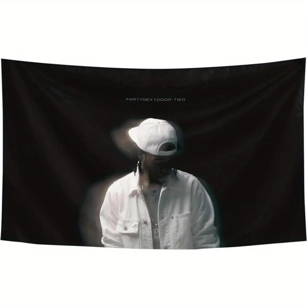 1pc Partyne-xtdoor 'PARTNEXTOWN'Hip Hop Style Music Banner - Durable Polyester Tapestry with Rap Singer Art, Black & White Design, Perfect for Indoor & Outdoor Decor, Wall Hanging in Dorms & Party Themes, Dorm Room Accessory| Bold Visual Decoration Items