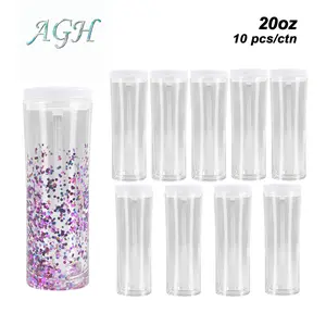AGH US 20 OZ Snow Globe Tumbler 10pcs Double Wall Plastic With Pre Drilled Hole Plugs & Flip Straw Lids for Glitter DIY Reusable Drinkware Portable Cup