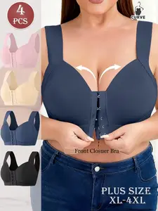 【4PCS】Women's Plus Size Front Closure Wireless Push Up Bra, Seamless Racerback Design, Comfortable Breathable Lingerie for All Seasons Daily Wear