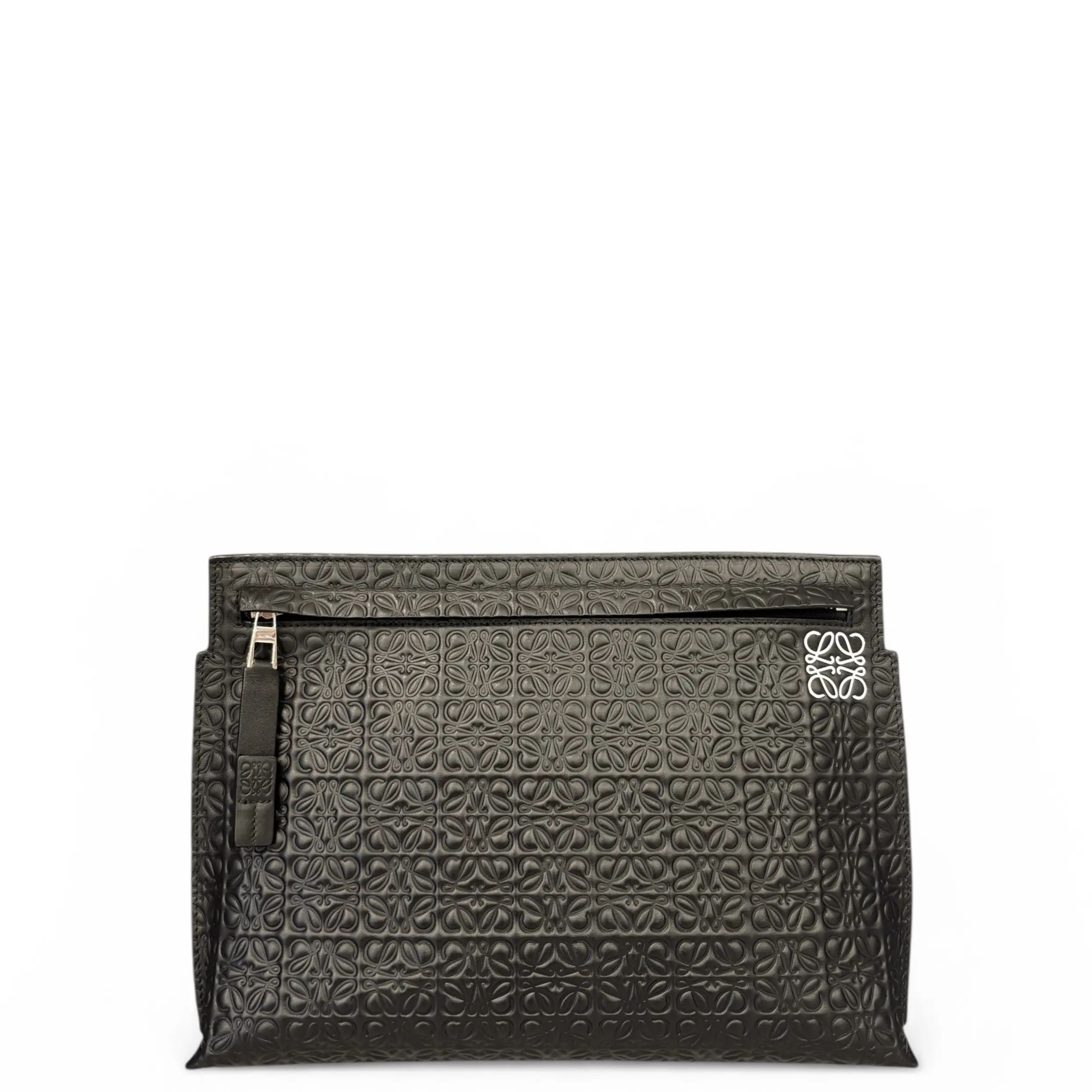 Pre-owned Loewe Leather clutches & wristlets T Pouch Anagram Debossed Calfskin Black (gv040126a3)
