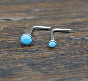 Genuine Turquoise Stone Nose Stud Bones, 18G Surgical Stainless Steel L Shape Nose Ring, 20G Low Profile Turquoise Nose Ring