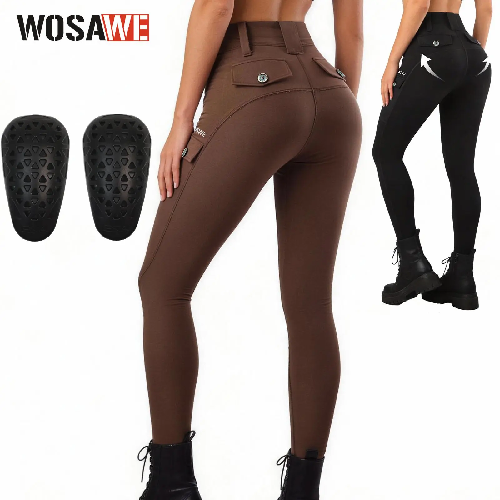 WOSAWE Women's City Motorcycle Cargo Pants - High Stretchable, Butt-Lifting, Chafe-Free Seams, Reflective Safety, Pad On or Off Knee Pads for Comfy Commute Riding & Athletic Use