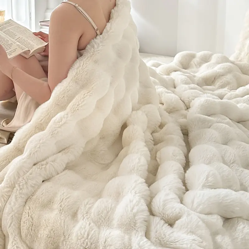 Luxury Soft Faux Fur Throw Blanket, Multifunctional Blanket,79*91 inch Decorative Cozy Plush Long Shaggy Fluffy Blanket,Reversible Puffy Thick Warm Blanket for Winter