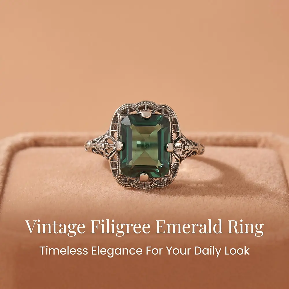 Vintage openwork filigree emerald-cut green crystal ring, Art Deco style ring, vintage elegant ring.