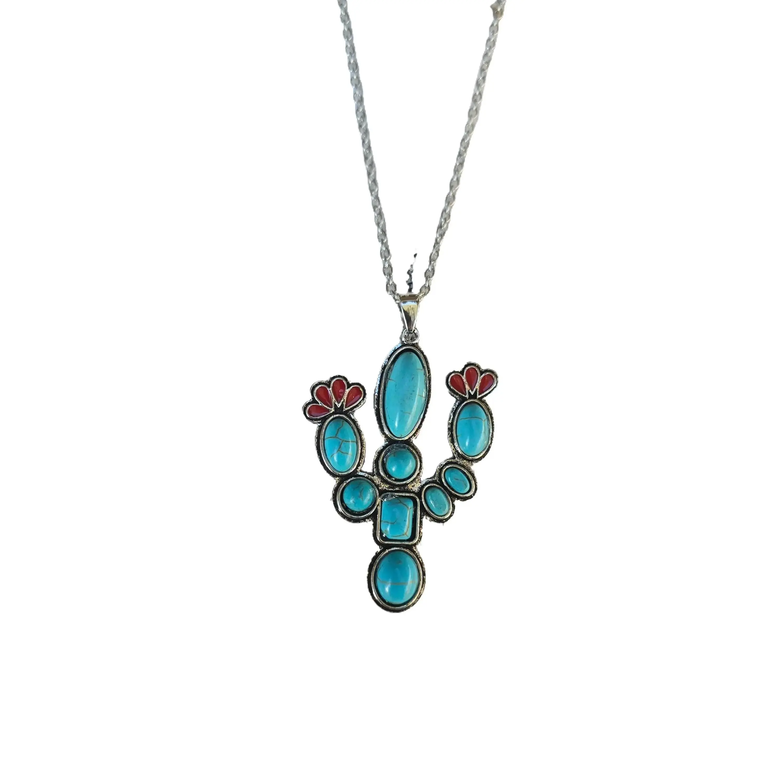 Faux Turquoise Cactus Pendant and Necklace For Women