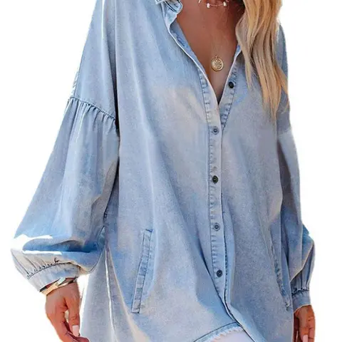 Ebossy Women's Boho Fit Casual Top - Long Sleeve Button-Down Cotton Denim Blouse, Breathable Lightweight Dress, Flowy Loose Tunic with Pockets, Boho Clothes for Women
