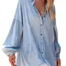 Ebossy Women's Boho Fit Casual Top - Long Sleeve Button-Down Cotton Denim Blouse, Breathable Lightweight Dress, Flowy Loose Tunic with Pockets, Boho Clothes for Women