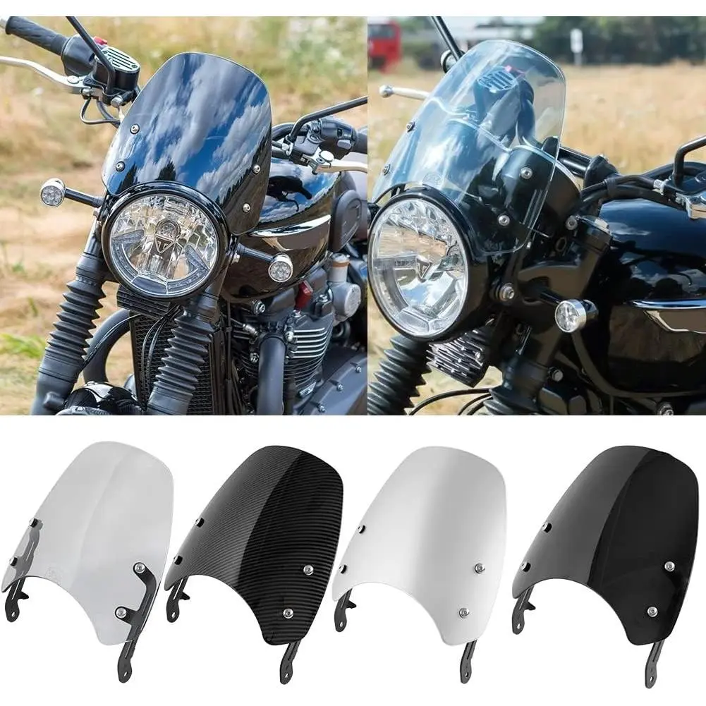Polycarbonate Double Bubble Motorcycle Windscreen Deflector - Classic, Light Smoke, Carbon Look, Extra Thick, Abrasion Resistant, Easy to Install, Airflow Control, Appearance Boost - Flyscreen Visor for Triumph Bonneville T100/T120 (2016-2020)