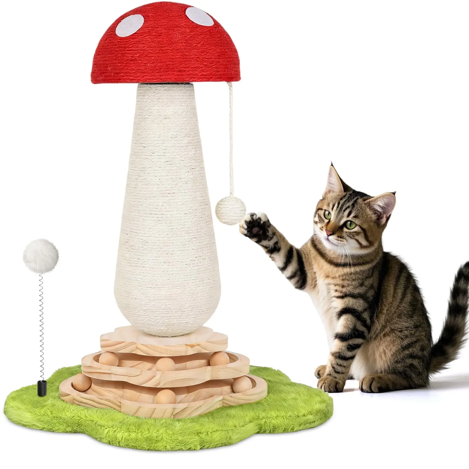 Mushroom Cat Scratching Post Cat Tree, Cute Cat Scratcher Tower with Interactive Ball Two-Layer Track Spring Ball Toys, Mushroom Scratch Post Cat Sisal Scratcher with Catnip for Indoor Cats