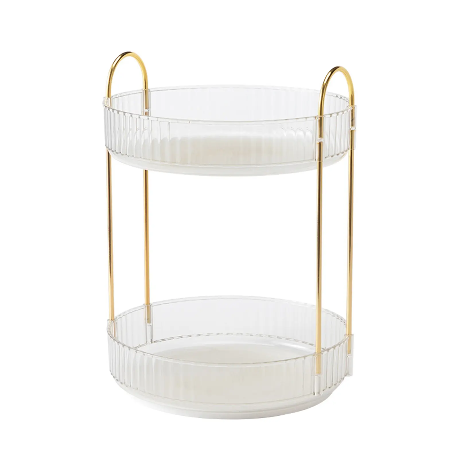 Makeup Organizer Box - 2-Tier Round Tiers 360° Rotating Bin, Modern Transparent Metal Multilayer Storage Holder, 9.05 x 9.05 x 18.07 Inches for Perfumes, Lotions, Bathroom