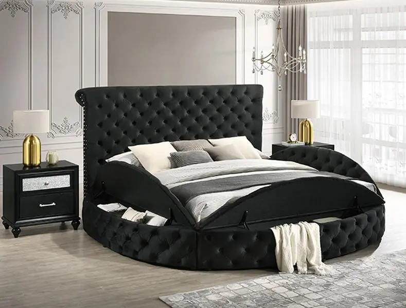 Crown Mark 5202BK Danbury Black Fabric Tufted Round Queen Storage Bed - Upholstered Platform Bed with Curved Top, Queen Frame, Curved Top Beds