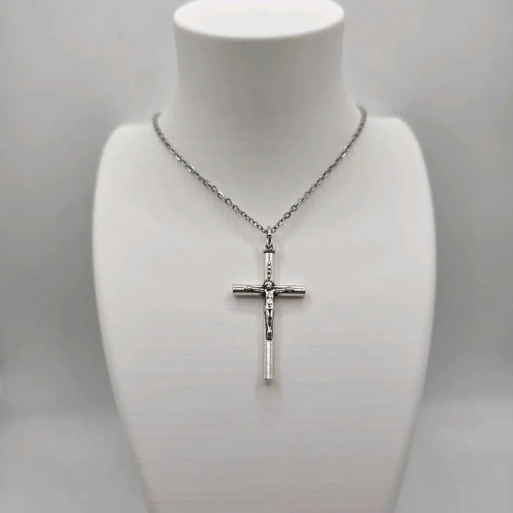 italian Silver Cross Necklace w/ Stainless Steel Chain