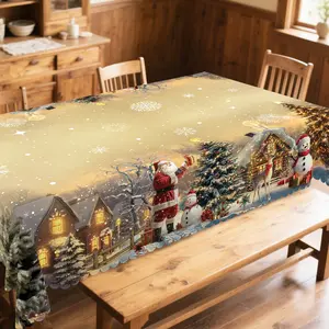 PLUMLIK Christmas Tablecloth with Santa Claus, Reindeer, Snowman, Christmas Tree Patterns, Christmas Decor 2025, Christmas Party Decoration for Home Indoor Outdoor, Vintage Gold Round Rectangular Table Cloth, Holiday Kitchen Festive Decor, Christmas Gifts