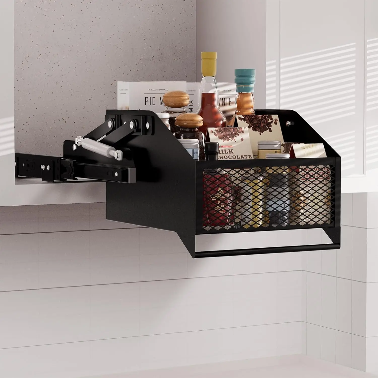 HOUSE AGAIN Black Carbon Steel Frameless-Fit Screw-In Pull-Down Storage Organizer with 3M Tape, 1.8" Down Drop, 11 lbs Load Capacity for Home Office High-Deep Spaces, Ideal for Seniors’ Cabinet/Garage Small Items Storage