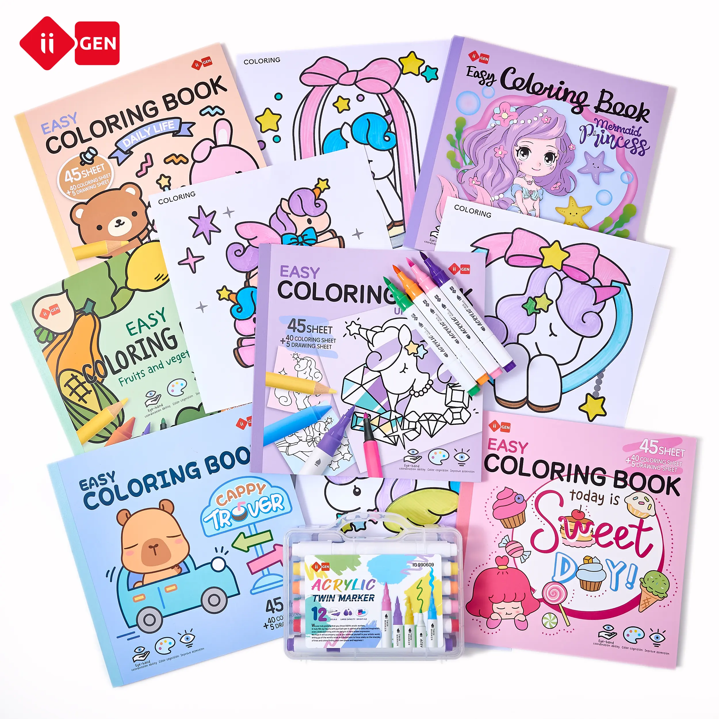iiGEN Coloring Book Bundle - Choose 2/3 Coloring Books + 12-Color Marker Pen Set, Premium Thick Paper Stress Reliever Art Kit with Yummy Desserts, Unicorn Dream, Sweet Day, Mermaid Princess Designs, Gift for Adults