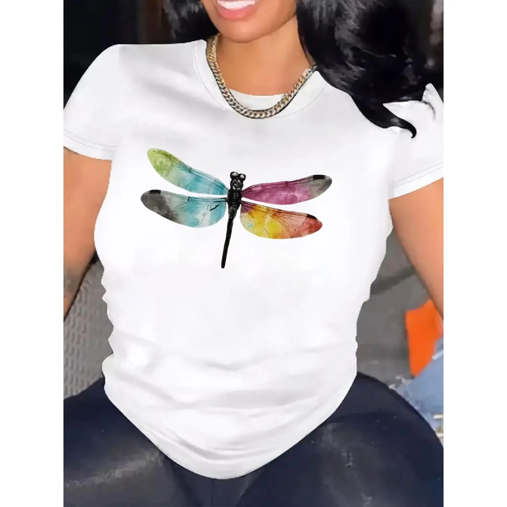 Women's Short-Sleeve Round Neck Watercolor Dragonfly Graphic Activewear Tee - Soft Fabric, Pull-On, Sporty Chic, Athletic Casual Sports Top, Machine Washable, Non-Irritating, Cute Nature Outfit, 3XL, All Seasons Gift