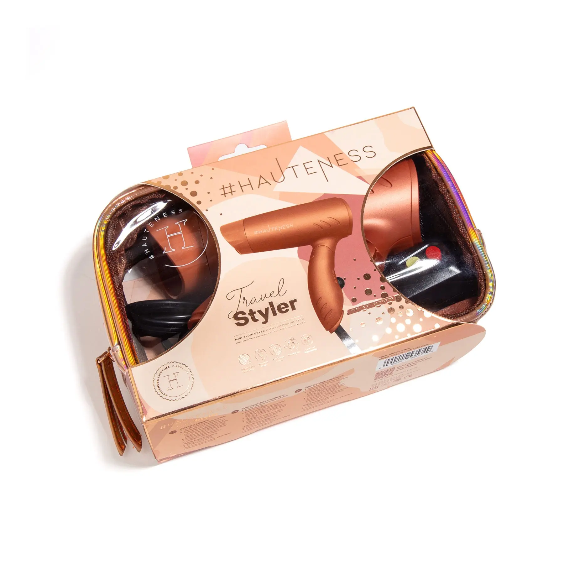 Mighty Mini Dryer (with Travel Bag Included) - Copper | Foldable Compact Blow Dryer with Ionic Technology & Metallic Soft-Touch Finish – Includes Lightweight Holographic Vinyl Travel Case - Professional Hair Styling Tools