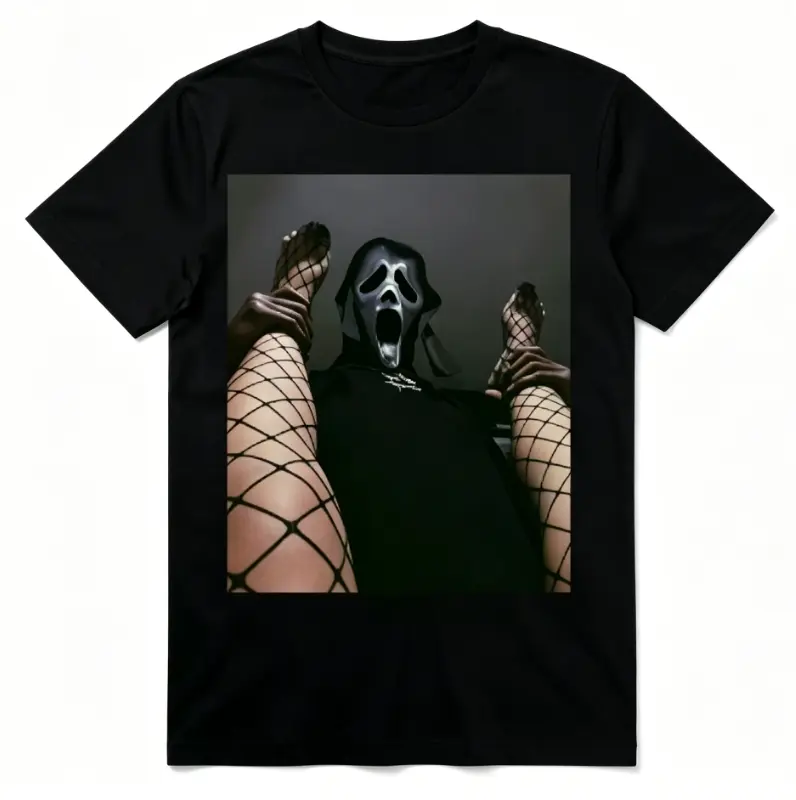 Women's 100% Cotton Short-Sleeve Round Neck Soft Casual T-Shirt - Ghostface Fishnet Legs Funny Horror Graphic Scream Meme Top, Women's Clothes, Shortsleeve Tee