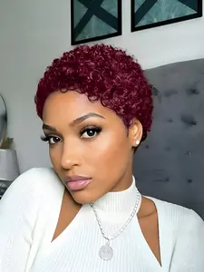 pixie cut human hair wigs for womendaily party cosplay gift use wig 99J burgundy natural black color short  afro curly human hair wig machine made