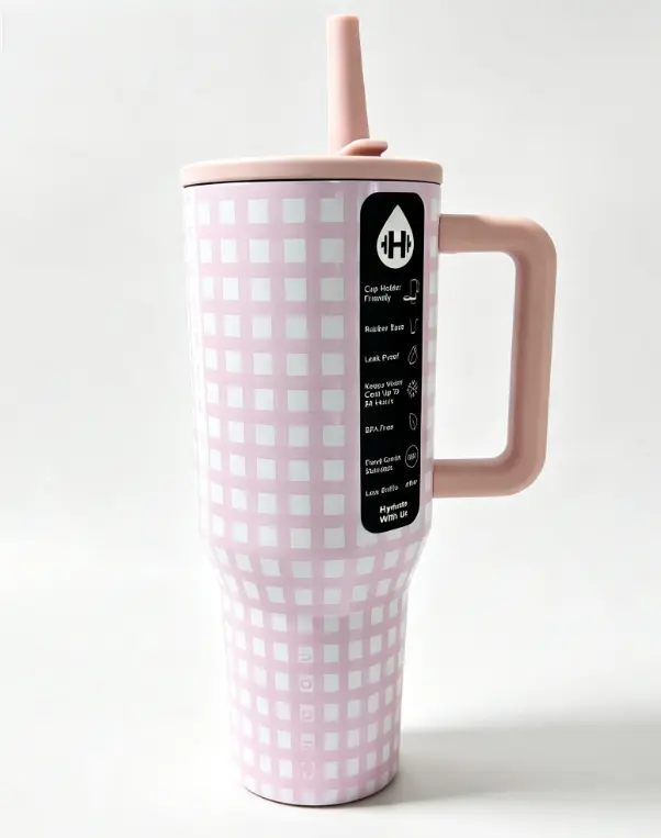 HydroJug 40oz Pink White Gingham Check Tumbler with Handle, Cute Insulated Travel Mug, Leak Proof Stainless Steel Water Cup, Cup Holder Compatible for Summer Outdoor, Road Trip & Daily Commute