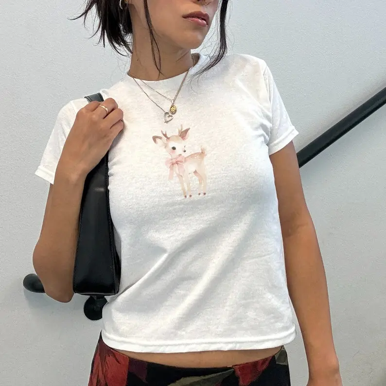 Coquette Deer Fawn Bambi Ribbon Bow Deer Baby Tee Top Aesthetic Y2k Clothing Tshirt Trendy Cat Cute Baby Tee Woman's Top Cat Print Baby Tee