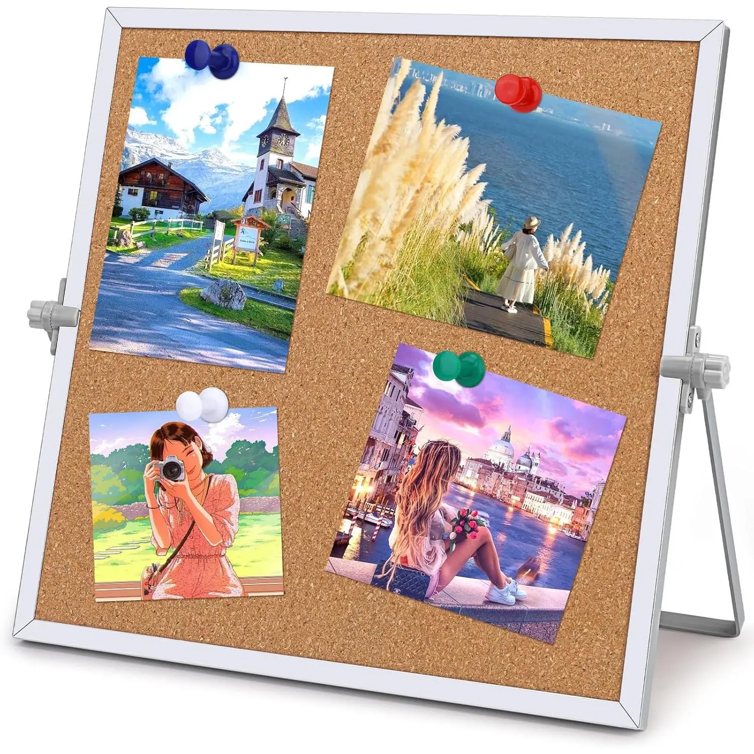 11.81"x11.81" Cork Board Bulletin Board, Double Sided Pin Board with   Border, Desktop Small Cork Board with Stand Suitable for , Office, Desk Message Board or Picture Board