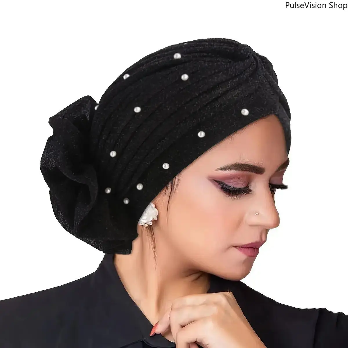 Elegant Pleated Head Scarf Turban for Women, Solid Color Nylon Head Wrap with Pearl Accent for Daily Wear and Parties, Head Scarf Turbans