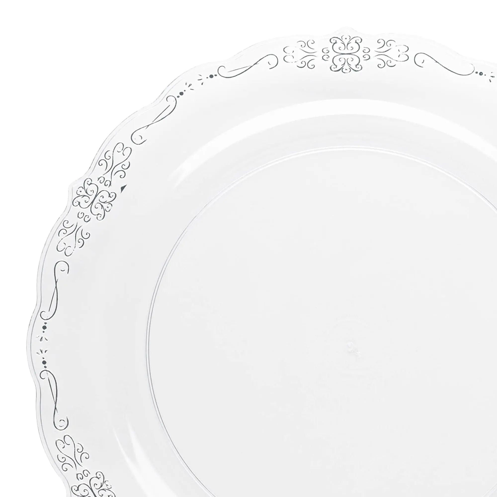 Clear with Silver Vintage Rim Round Disposable Plastic Dinner Plates (10")