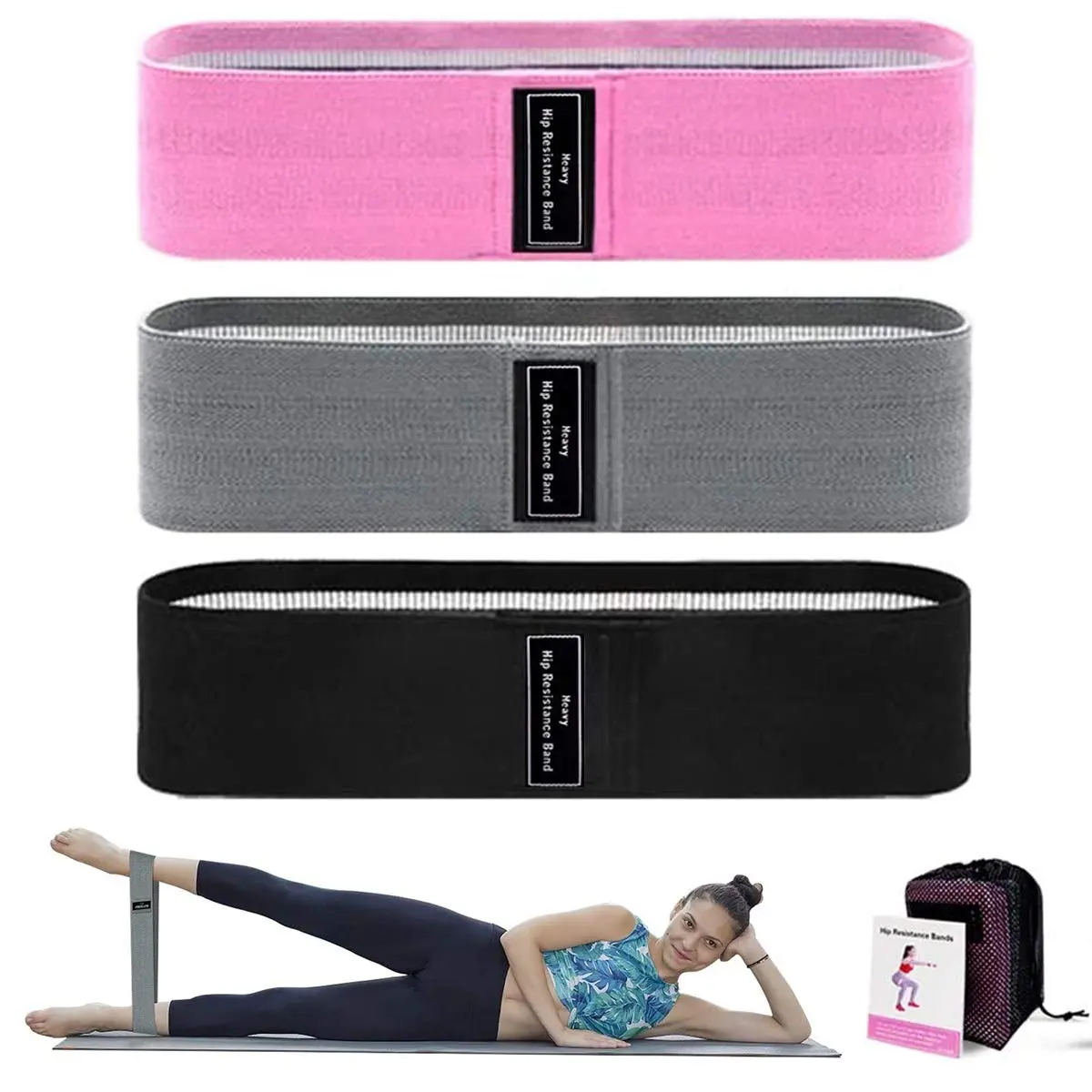 3-Piece Anti-Slip Fabric Loop Stretch Exercise Bands Set, Elastic Gym Gear for Legs, Glutes & Core Strength Training, Multi-Exercise At Home Equipment with Workout Guide & Carry Bag, Workout Bands Set, Home Workout Gear, Glute Workout Gear