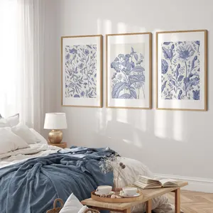 Classic Blue Chinoiserie Set of 3 Art Prints, Poster Art, Watercolor Large Wall Art, set of 3, art prints, large wall decor, poster, art,