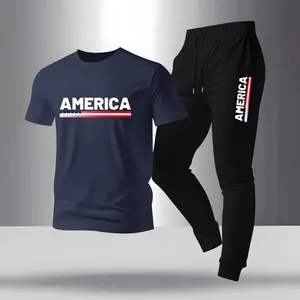 Men's America print T-shirt and drawstring belt sweatpants two-piece set, regular fit crew neck short-sleeved T-shirt and jogging pants, summer casual top and sweatpants 02