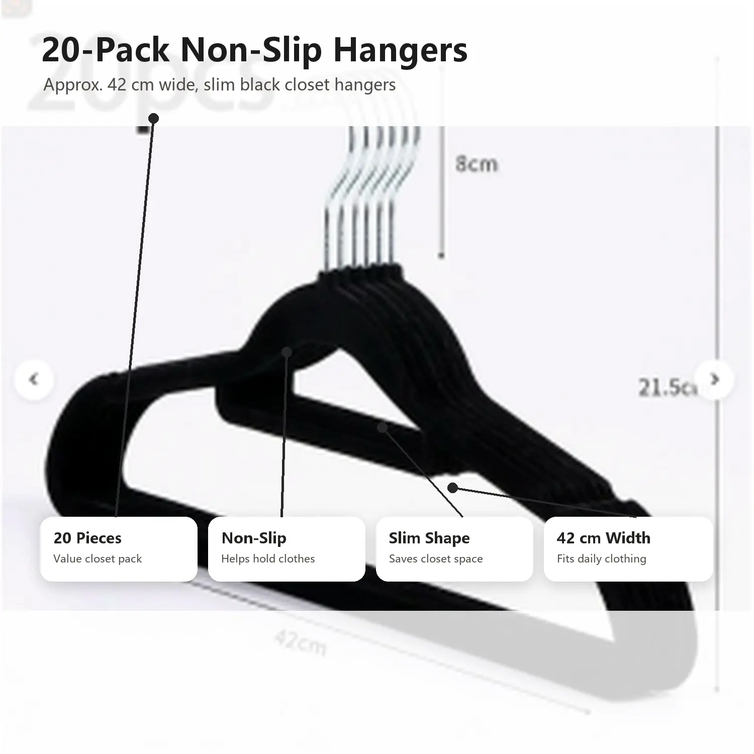 20-Pack Black Non-Slip Clothes Hangers, Slim Closet Hangers for Shirts, Coats and Everyday Clothing