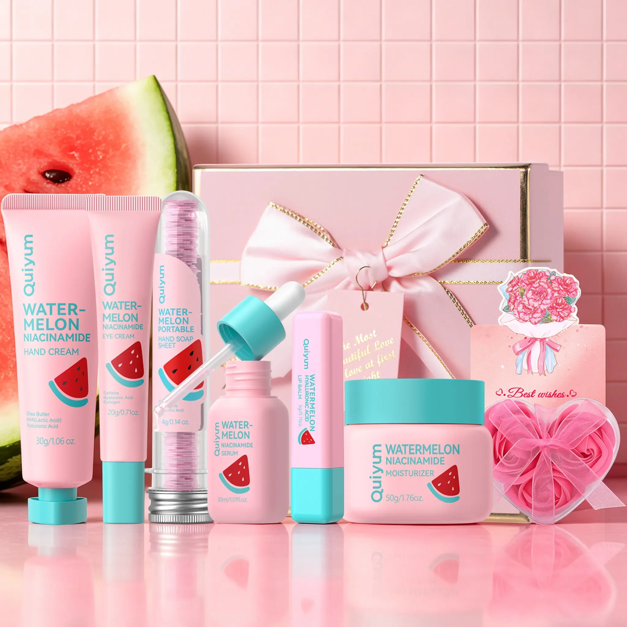 QUIYUM Watermelon Niacinamide & Hyaluronic Acid Skincare Treatment Set | Hydration Care Set, Brightening Set | Face Serum, Moisturizer, Eye Cream, Hand Care, Lip Balm & Travel Hand Soap Sheets | Brighten & Hydrate Daily Skin Care Sets