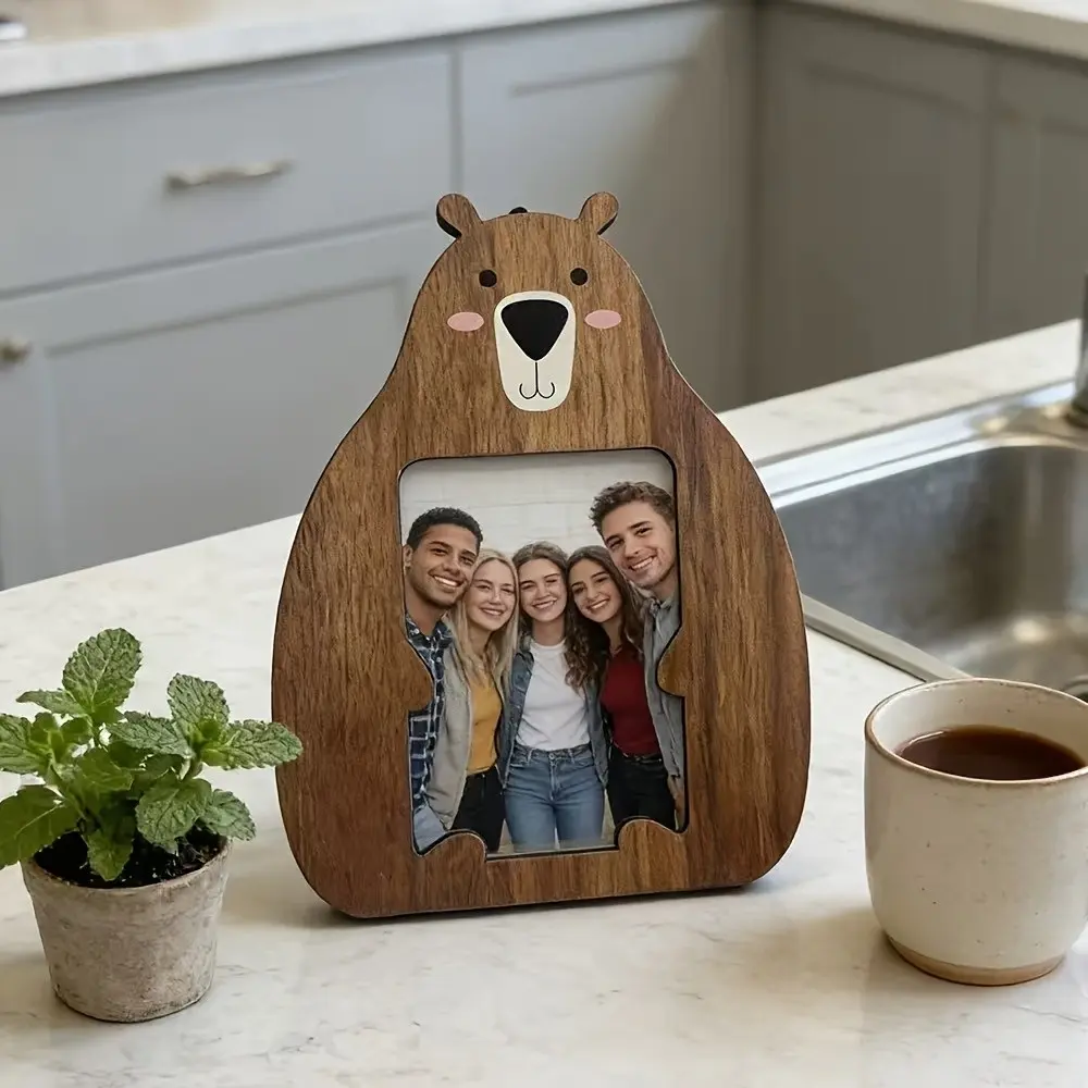 Cute Animal Wooden Frame, Cat Bear Creative Design Photo Frame, Home Desktop Decorative Ornament, Unique Wood Craft for Living Room, Home Office Frame, Wooden Picture Frames