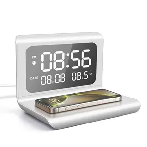 Wireless Charging Station, Digital Alarm Clock for Bedroom Bedside Table Office Thermometer Date Display 15W Fast Wireless Charger Pad for iPhone Samsung