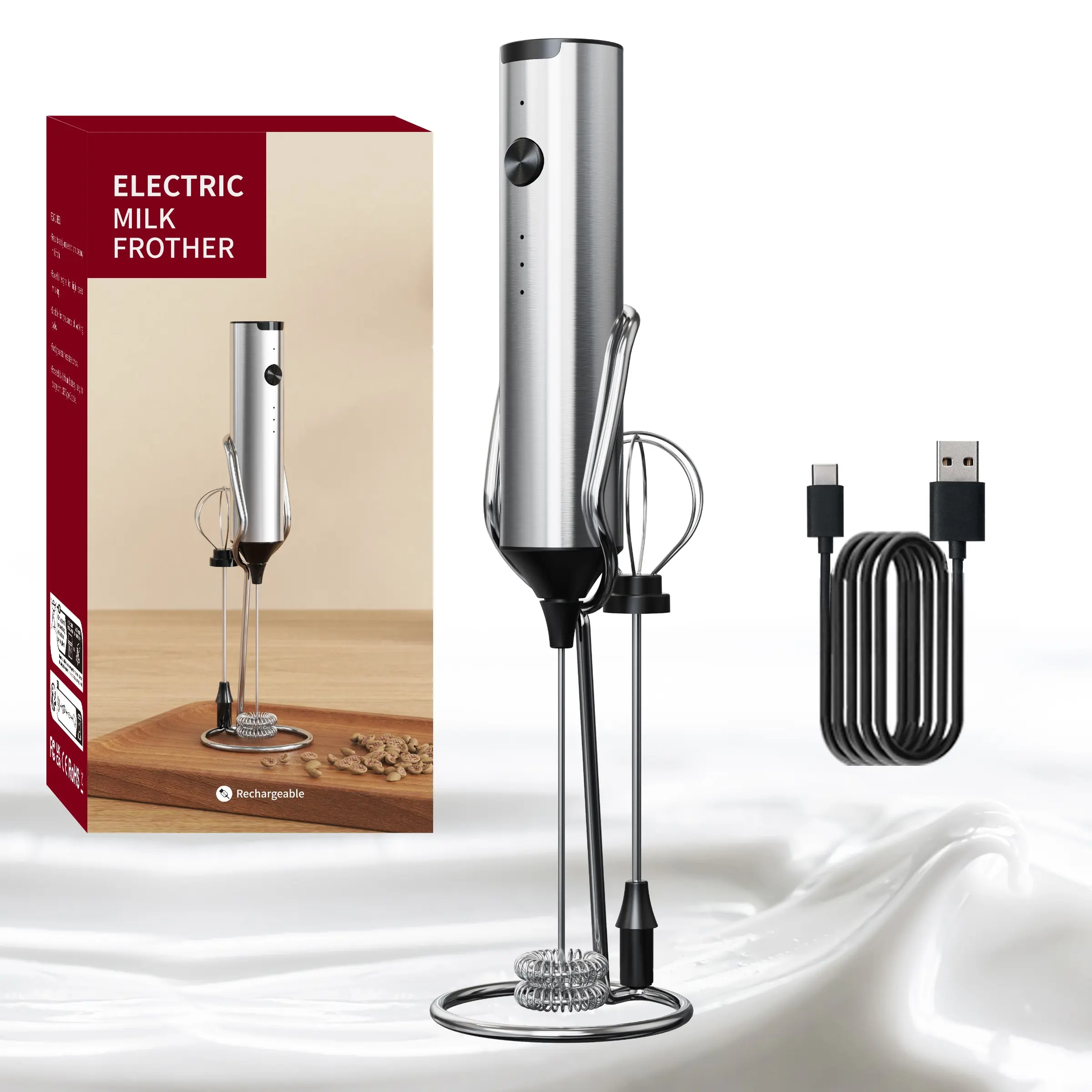 Electric Milk Frother, Coffee Frother Handheld, Rechargeable Handheld Electric Whisk with 2 Heads, 3 Speeds Drink Mixer for Latte, Cappuccino, Hot Chocolate, Egg, Egg Beater, Protein Shake Mixer, USB Rechargeable Mixer, Milkshake Maker Mixer