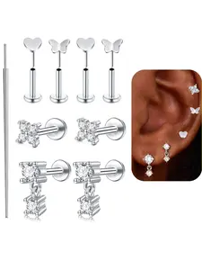 Threadless Cz Cubic Zirconia Flat Ear Studs, Stainless Steel Push-In Nose Ring, 20g Cartilage Helix Lip Piercing Jewelry Set, Hypoallergenic Body Jewelry